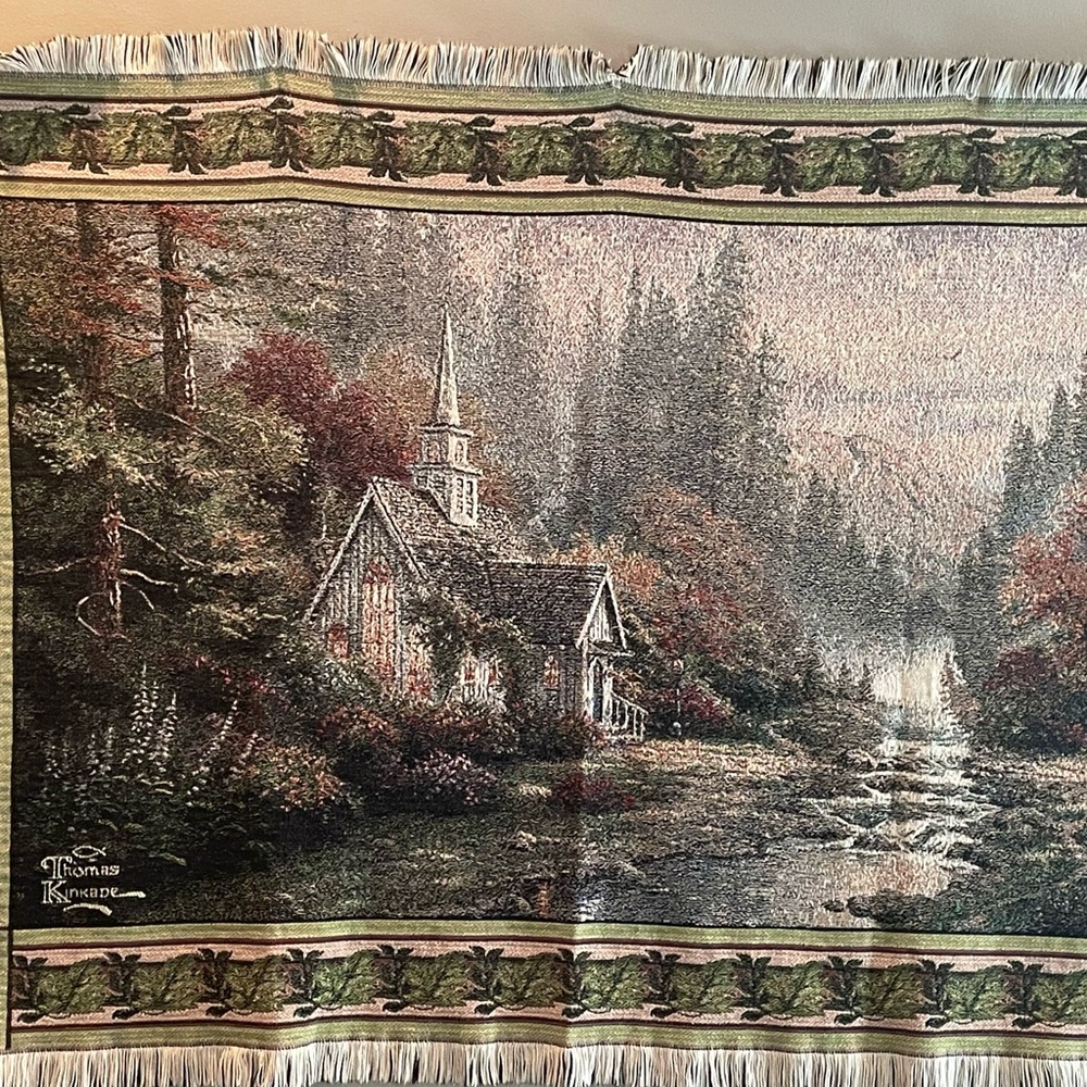 Thomas Kincade “The Forest Chapel” Tapestry Throw-Wall Decor- DISCOUNT SHIPPING